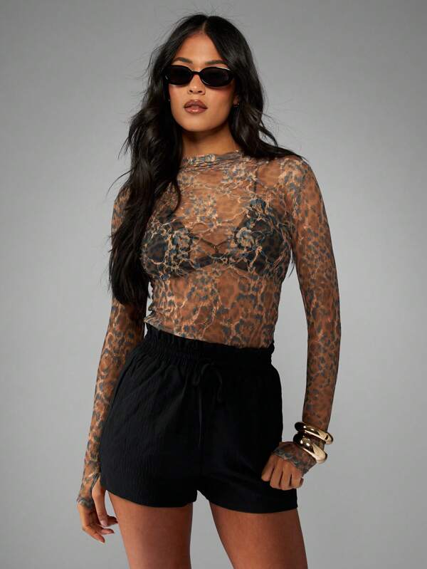 missguided MISSGUIDED Leopard Print Long Sleeve High Neck Mesh Sheer Top