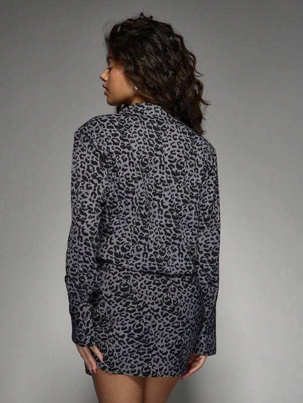 Missguided MISSGUIDED Leopard Print Long Sleeve Shirt Knot Front Mini Dress