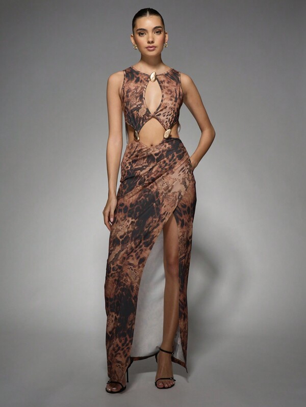 missguided MISSGUIDED Leopard Print Maxi Dress With Embellished Cut-Outs And Keyhole