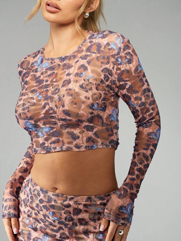 Missguided MISSGUIDED Leopard Print Mesh Long Sleeve Crop Top