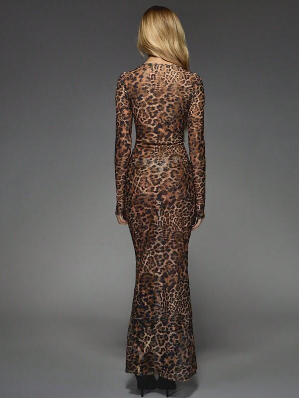 Missguided MISSGUIDED Leopard Print Mesh Maxi Dress With Long Sleeves