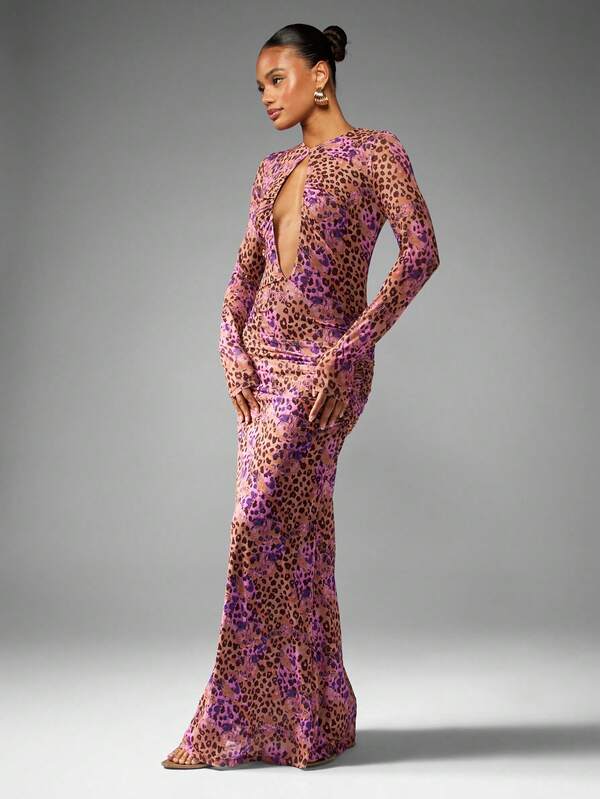 Missguided MISSGUIDED Leopard Print Mesh Maxi Dress With Plunge Neck And Ruched Details