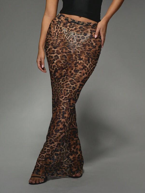 missguided MISSGUIDED Leopard Print Mesh Maxi Skirt With Lace Pattern