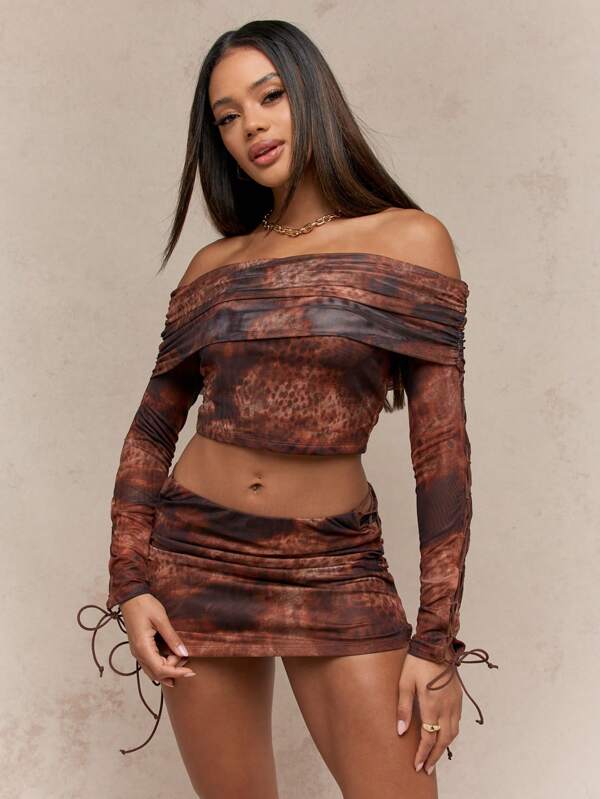 missguided MISSGUIDED Leopard Print Mesh Ruched Off-Shoulder Long Sleeves Bardot Crop Top And Bodycon Micro Skirt Two Piece Co-Ord Set