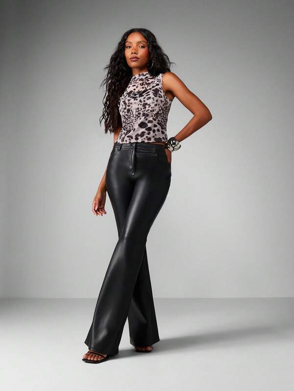 Missguided MISSGUIDED Leopard Print Mock Neck Fitted Crop Tank