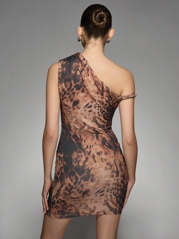 Missguided MISSGUIDED Leopard Print One Shoulder Ruched Bodycon Women Mini Dress