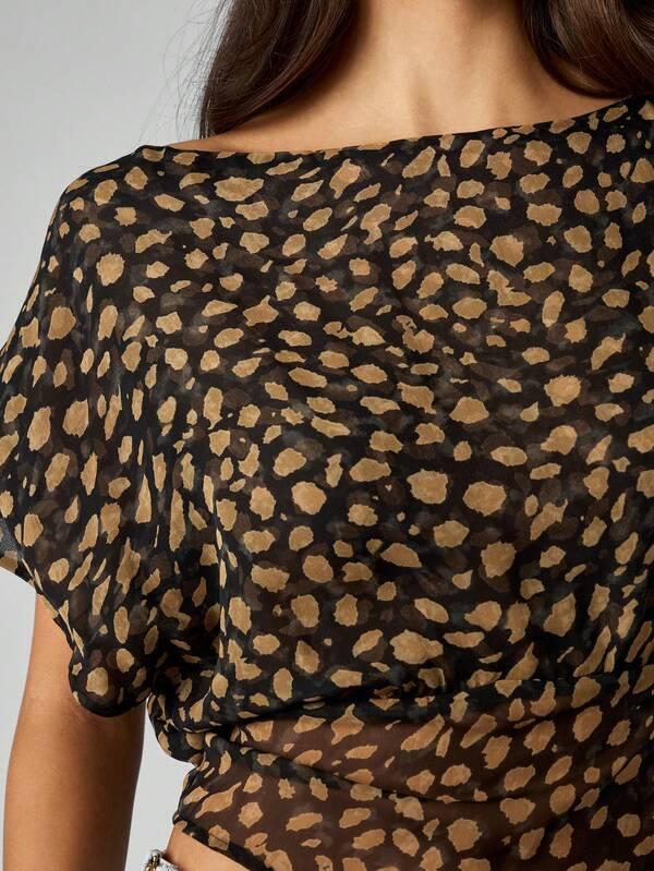 Missguided MISSGUIDED Leopard Print One Shoulder Sheer Top