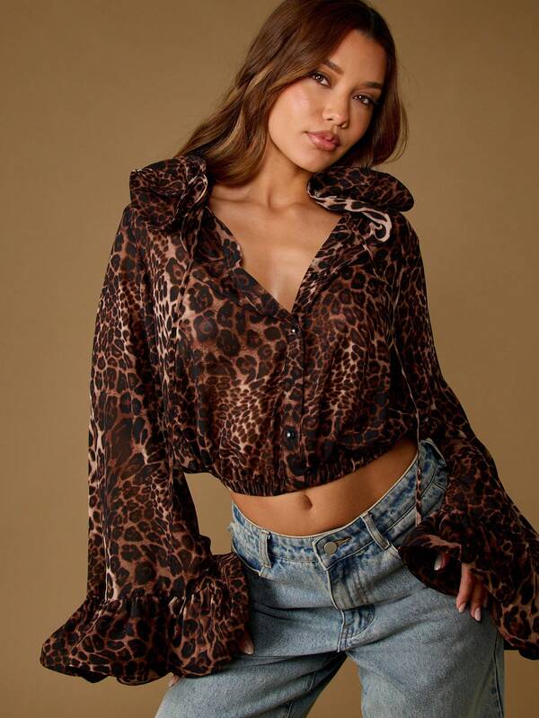 missguided MISSGUIDED Leopard Print Organza Blouse With Bell Sleeves And Ruffle Collar