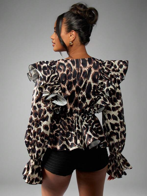 Missguided MISSGUIDED Leopard Print Plunge Blouse With Ruffle Sleeves And Peplum