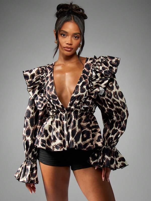 missguided MISSGUIDED Leopard Print Plunge Blouse With Ruffle Sleeves And Peplum