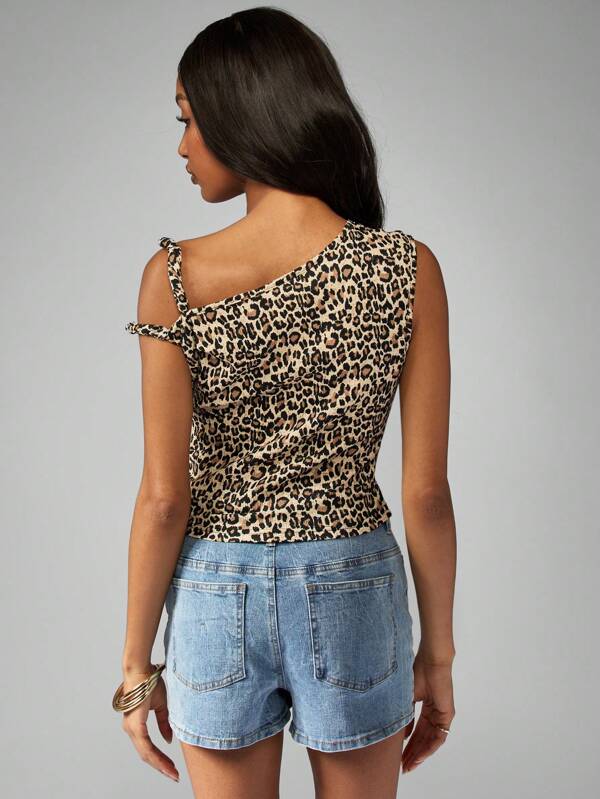 Missguided MISSGUIDED Leopard Print Ribbed Knit Shoulder Tie Casual Top