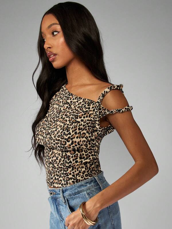 Missguided MISSGUIDED Leopard Print Ribbed Knit Shoulder Tie Casual Top