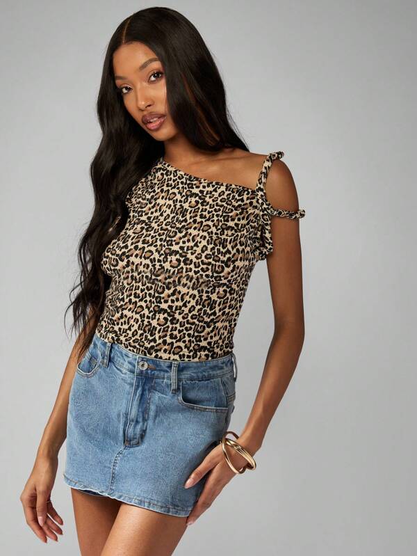 missguided MISSGUIDED Leopard Print Ribbed Knit Shoulder Tie Casual Top