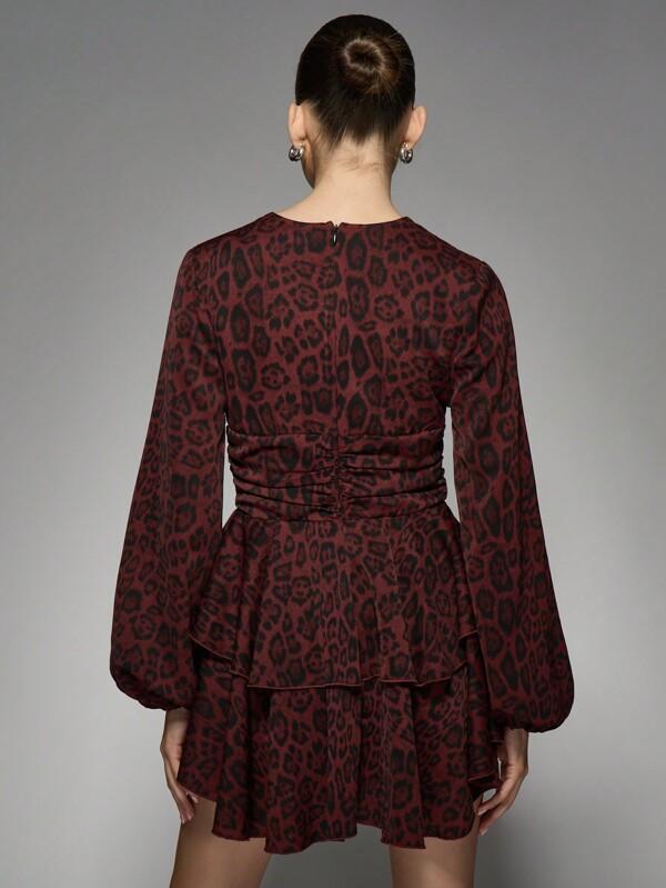 Missguided MISSGUIDED Leopard Print Ruched Long Sleeve Plunging V-Neck Tiered Skirt Mini Dress
