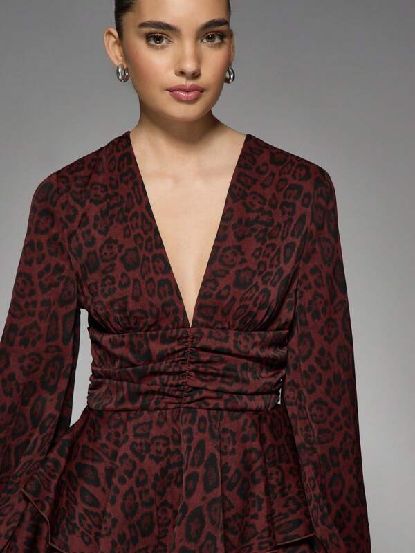 Missguided MISSGUIDED Leopard Print Ruched Long Sleeve Plunging V-Neck Tiered Skirt Mini Dress