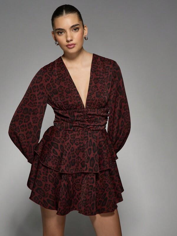 missguided MISSGUIDED Leopard Print Ruched Long Sleeve Plunging V-Neck Tiered Skirt Mini Dress
