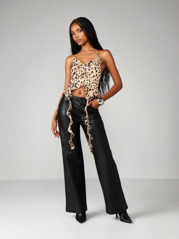 Missguided MISSGUIDED Leopard Print Ruffle Cami With Halter Neck And Adjustable Straps