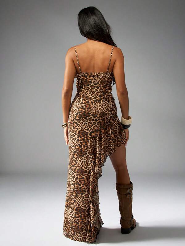 Missguided MISSGUIDED Leopard Print Ruffle Maxi Dress With Asymmetrical Hem