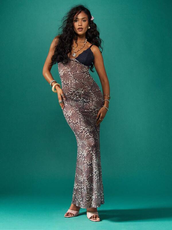 missguided MISSGUIDED Leopard Print Sleeveless Spaghetti Strap Empire Waist Lace Maxi Dress