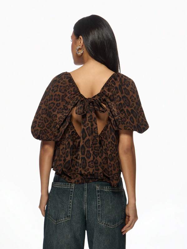 Missguided MISSGUIDED Leopard Print Square Neck Puff Sleeve Tie Back Blouse Tops