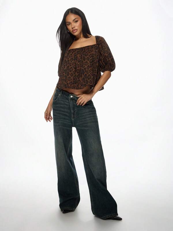 Missguided MISSGUIDED Leopard Print Square Neck Puff Sleeve Tie Back Blouse Tops