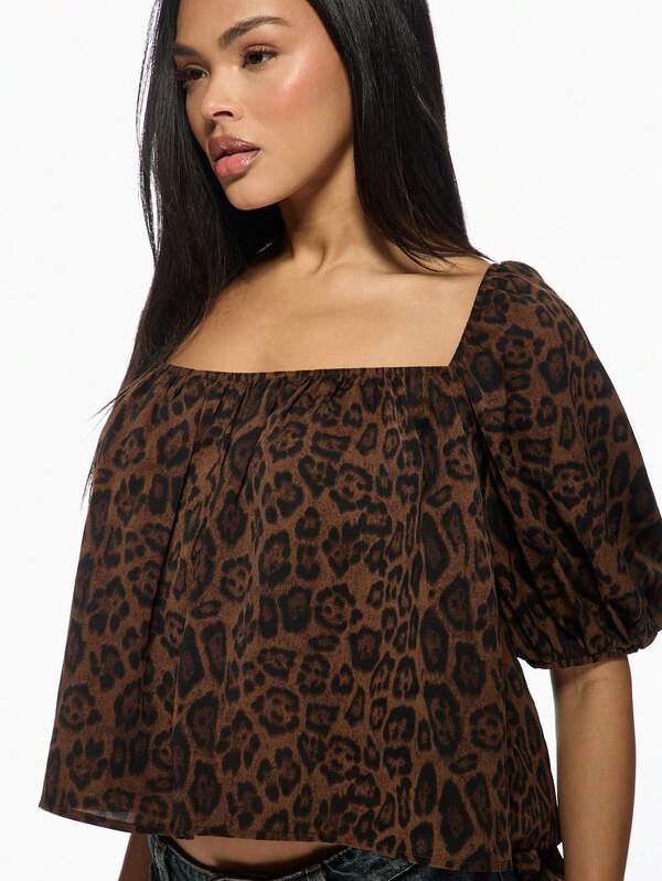 Missguided MISSGUIDED Leopard Print Square Neck Puff Sleeve Tie Back Blouse Tops
