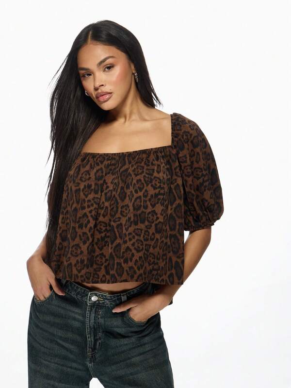 missguided MISSGUIDED Leopard Print Square Neck Puff Sleeve Tie Back Blouse Tops