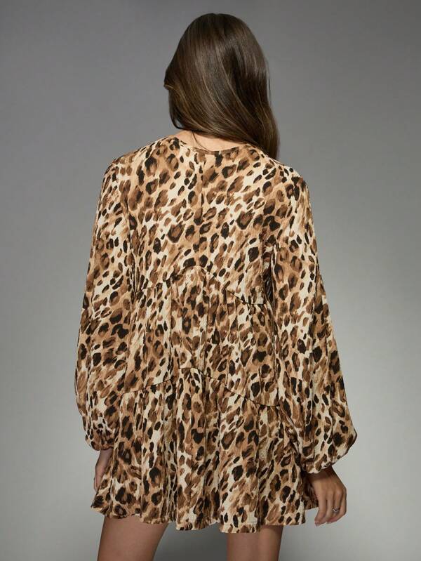 Missguided MISSGUIDED Leopard Print Tie Neck Babydoll Mini Dress