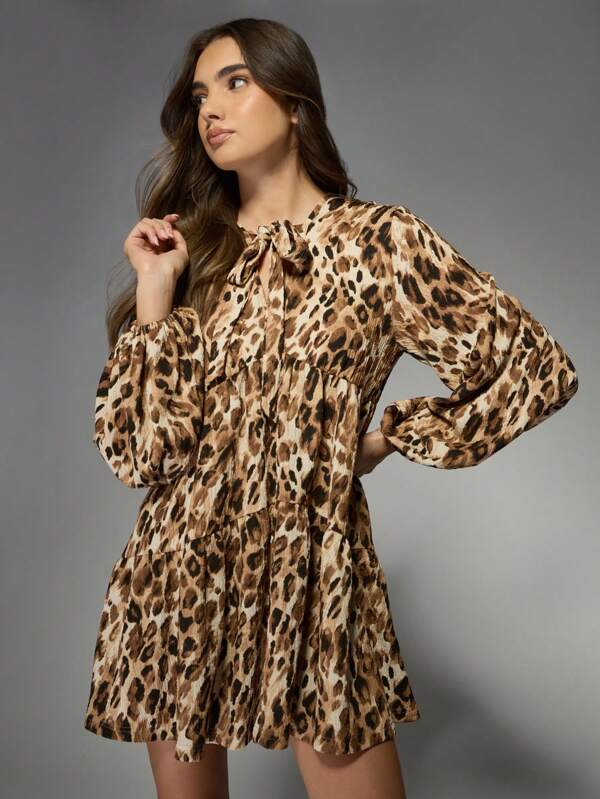 missguided MISSGUIDED Leopard Print Tie Neck Babydoll Mini Dress