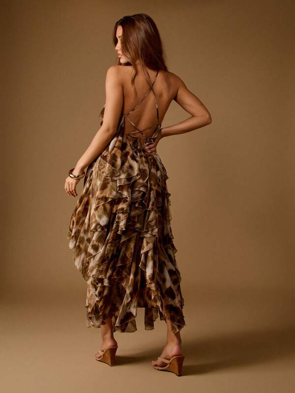 Missguided MISSGUIDED Leopard Print Tiered Ruffle Maxi Dress With Halter Neck