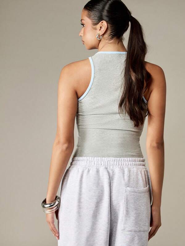 Missguided MISSGUIDED Light Gray Cropped Racer Back Tank With Logo Print