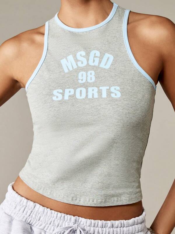 Missguided MISSGUIDED Light Gray Cropped Racer Back Tank With Logo Print