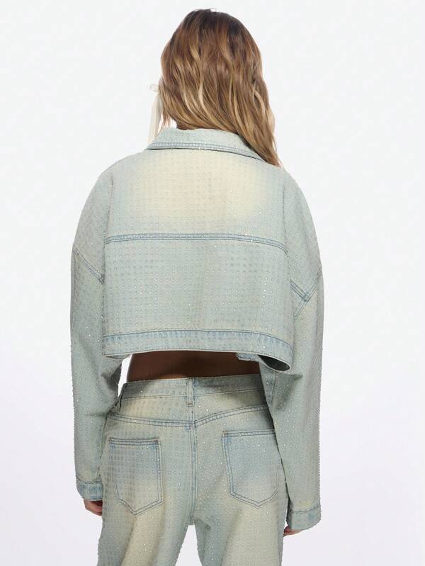 Missguided MISSGUIDED Light Wash Cropped Oversized Studded Rhinestone Denim Trucker Jacket