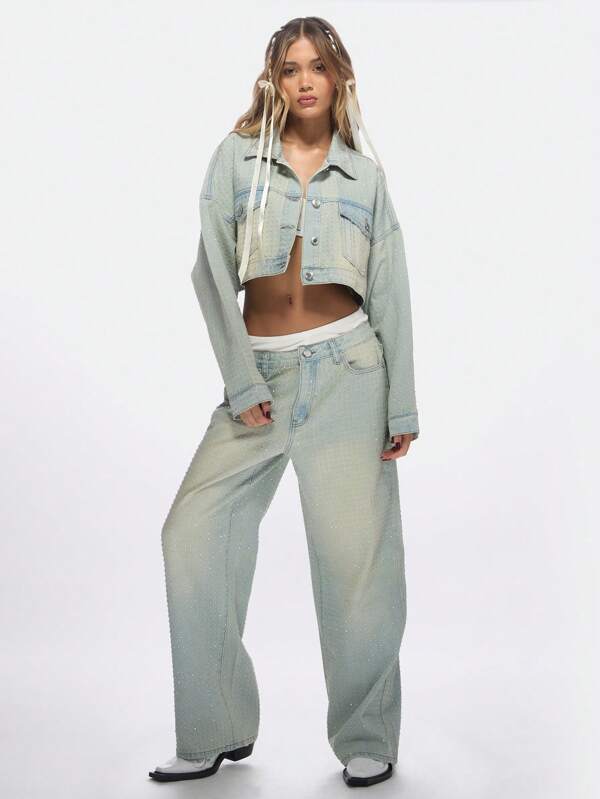 Missguided MISSGUIDED Light Wash Cropped Oversized Studded Rhinestone Denim Trucker Jacket