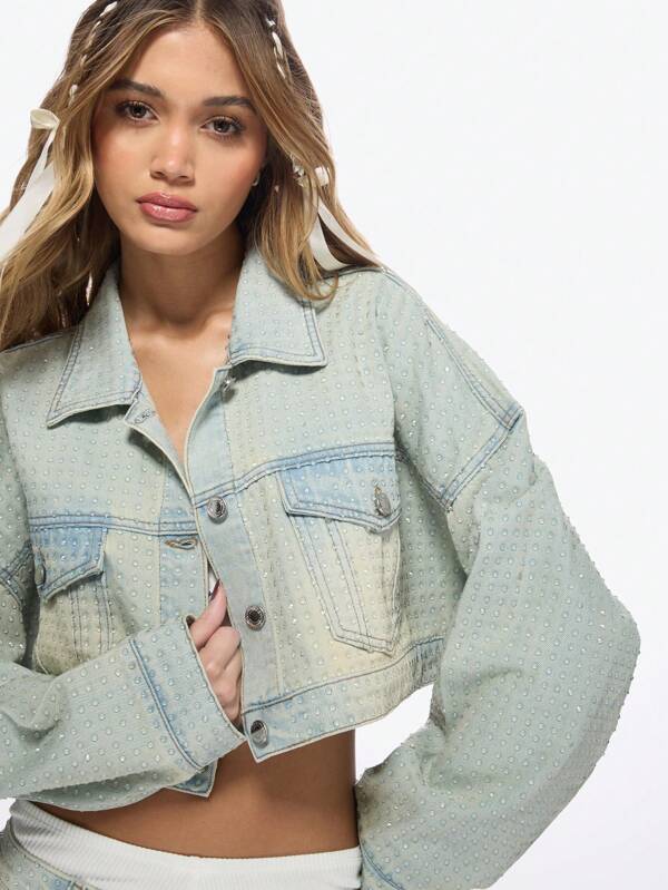 Missguided MISSGUIDED Light Wash Cropped Oversized Studded Rhinestone Denim Trucker Jacket