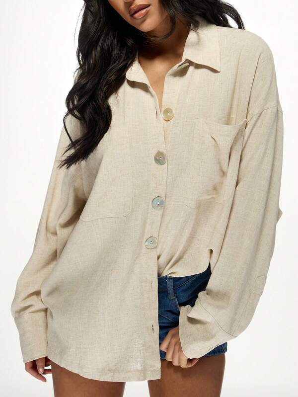 Missguided MISSGUIDED Lightweight Linen Button-Down Oversized Long Sleeve Shacket