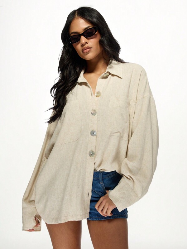 missguided MISSGUIDED Lightweight Linen Button-Down Oversized Long Sleeve Shacket