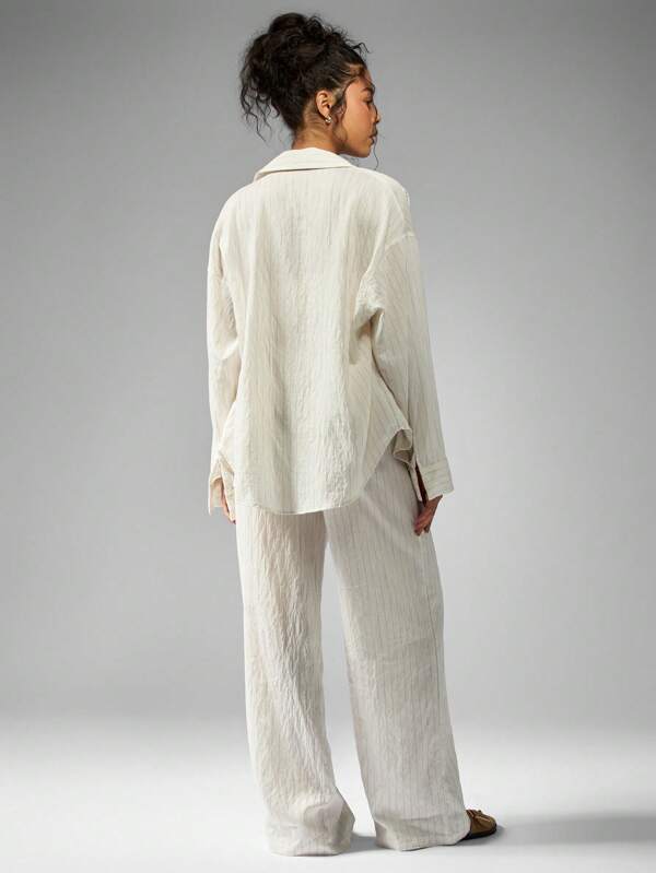 Missguided MISSGUIDED Lightweight Linen Striped Oversized Shirt Wide Leg Pants Set