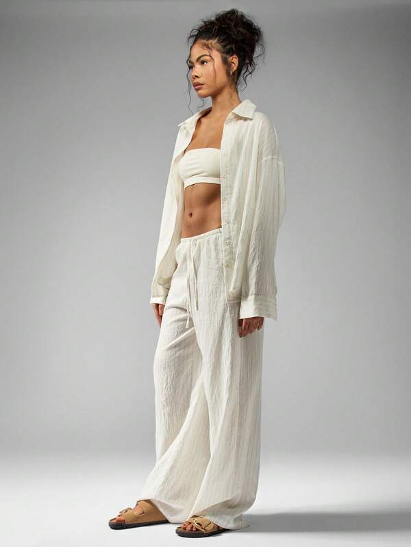 Missguided MISSGUIDED Lightweight Linen Striped Oversized Shirt Wide Leg Pants Set