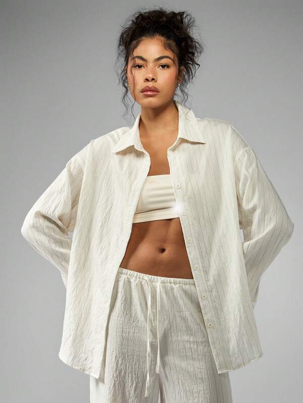 Missguided MISSGUIDED Lightweight Linen Striped Oversized Shirt Wide Leg Pants Set