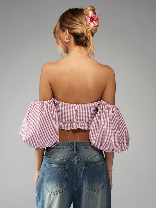 Missguided MISSGUIDED Lightweight Puff Sleeve Gingham Crop Top Off Shoulder Ruffle Hem