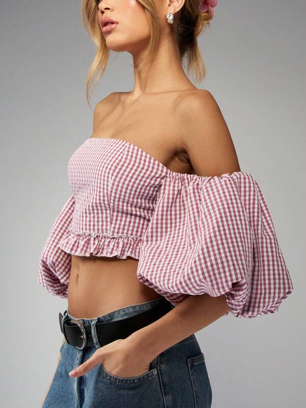 Missguided MISSGUIDED Lightweight Puff Sleeve Gingham Crop Top Off Shoulder Ruffle Hem