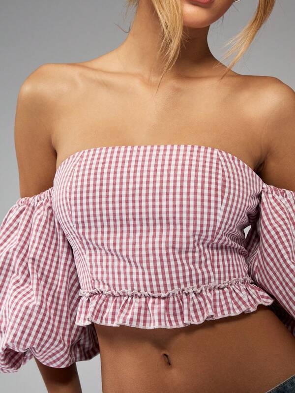 Missguided MISSGUIDED Lightweight Puff Sleeve Gingham Crop Top Off Shoulder Ruffle Hem