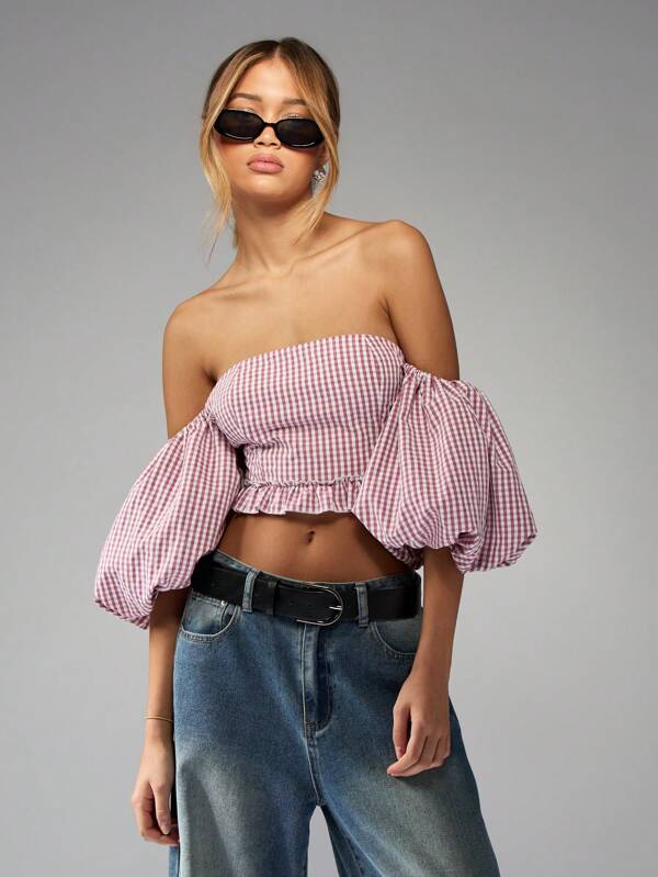 missguided MISSGUIDED Lightweight Puff Sleeve Gingham Crop Top Off Shoulder Ruffle Hem