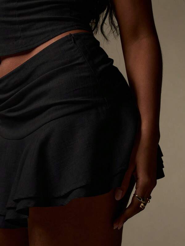 Missguided MISSGUIDED Linen Bandeau Crop Top Mini Skirt Matching Layered Two-Piece Outfit