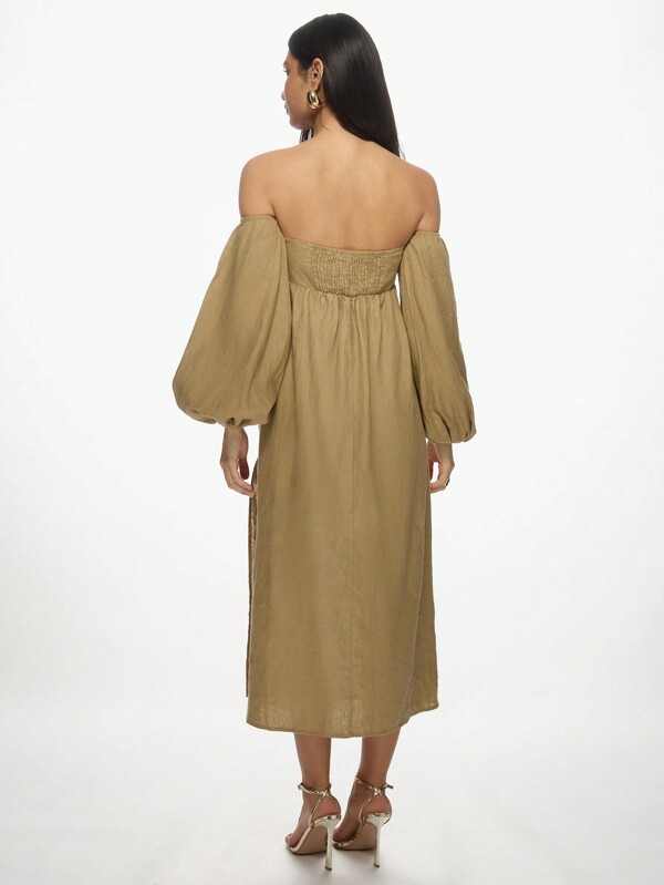 Missguided MISSGUIDED Linen Bardot Puff Sleeve Empire Waist High Side Split Midi Dress