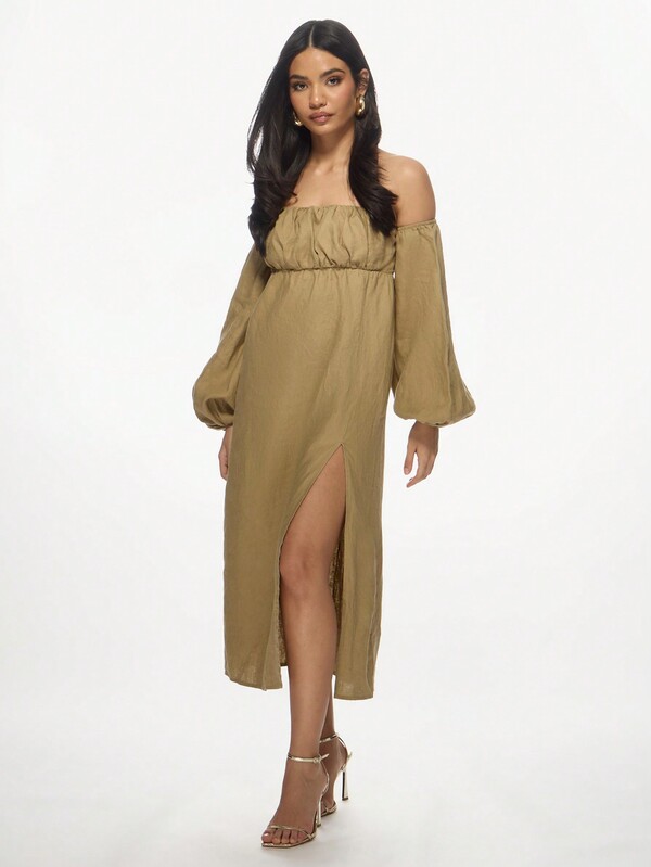 Missguided MISSGUIDED Linen Bardot Puff Sleeve Empire Waist High Side Split Midi Dress
