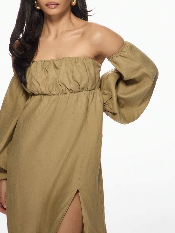 Missguided MISSGUIDED Linen Bardot Puff Sleeve Empire Waist High Side Split Midi Dress