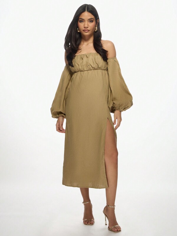 missguided MISSGUIDED Linen Bardot Puff Sleeve Empire Waist High Side Split Midi Dress