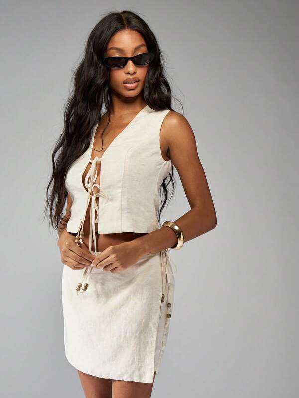 missguided MISSGUIDED Linen Beaded Crop Top And Midi Skirt Two-Piece Set